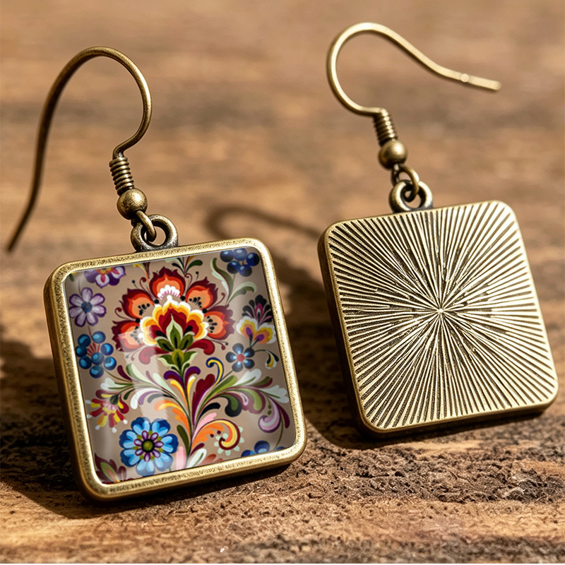 Folk Flower Square Hook Dangle Earrings, Unisex Gift
